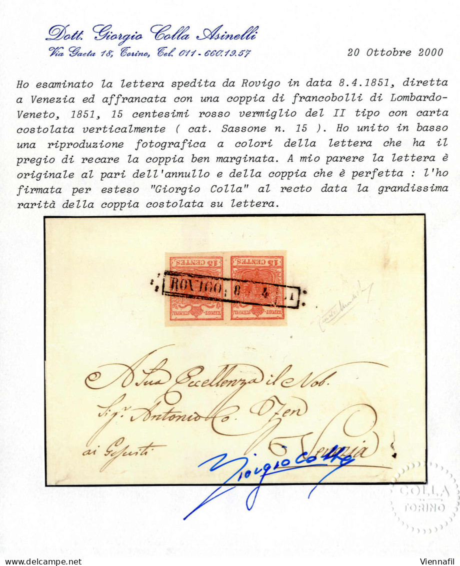 Cover 1851, Lettera Da Rovigo Il 8.4 Per Venezia Affrancata Con Coppia 15 C. Rosso Vermiglio II Tipo Carta A Coste Verti - Lombardije-Venetië