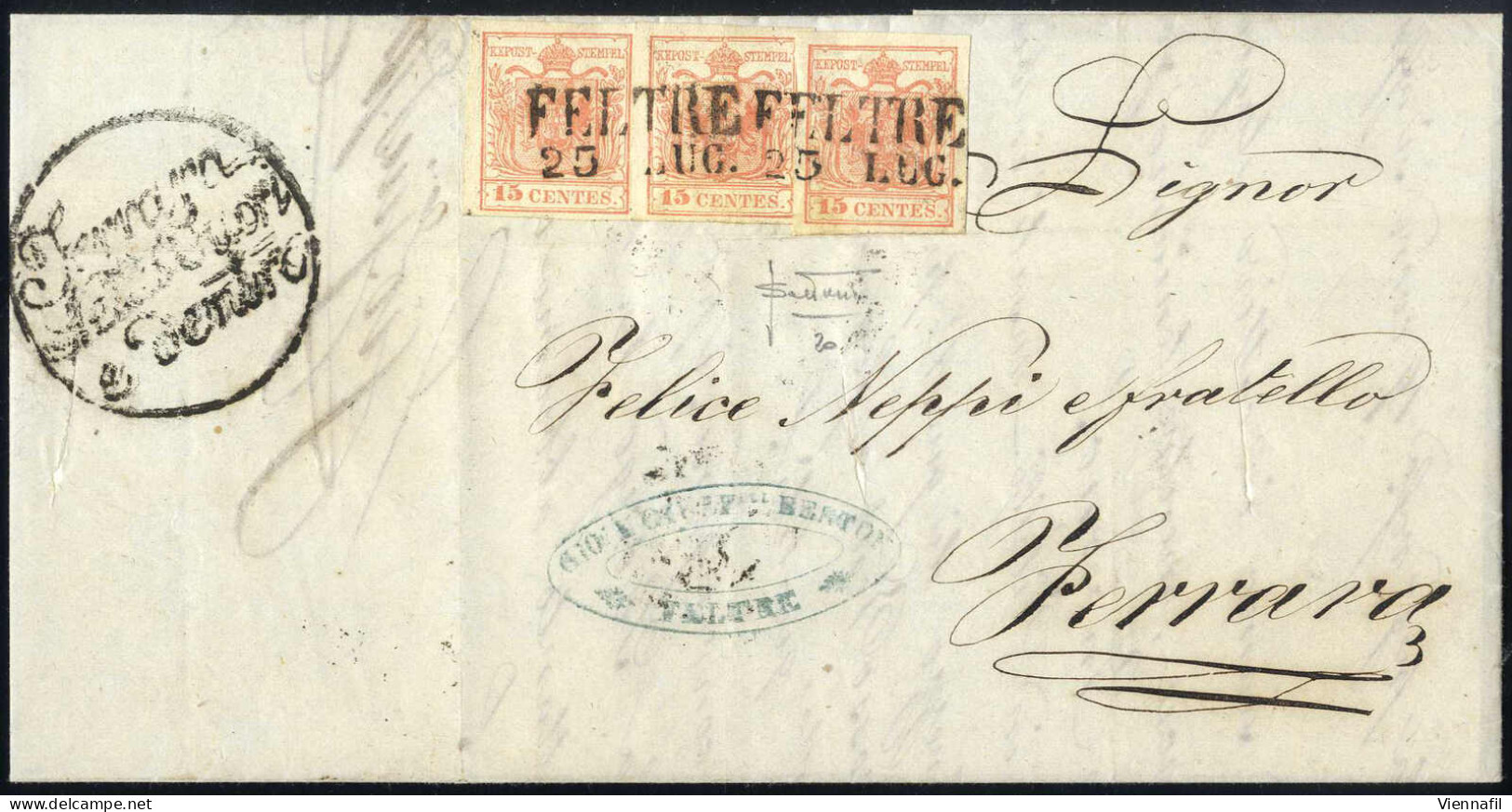 Cover 1855, Lettera Da Feltre (SD Punti 3) Del 23.7 Per Ferrara (Stato Pontificio) Affrancata Con Tre 15 C. Rosso Vermig - Lombardo-Vénétie