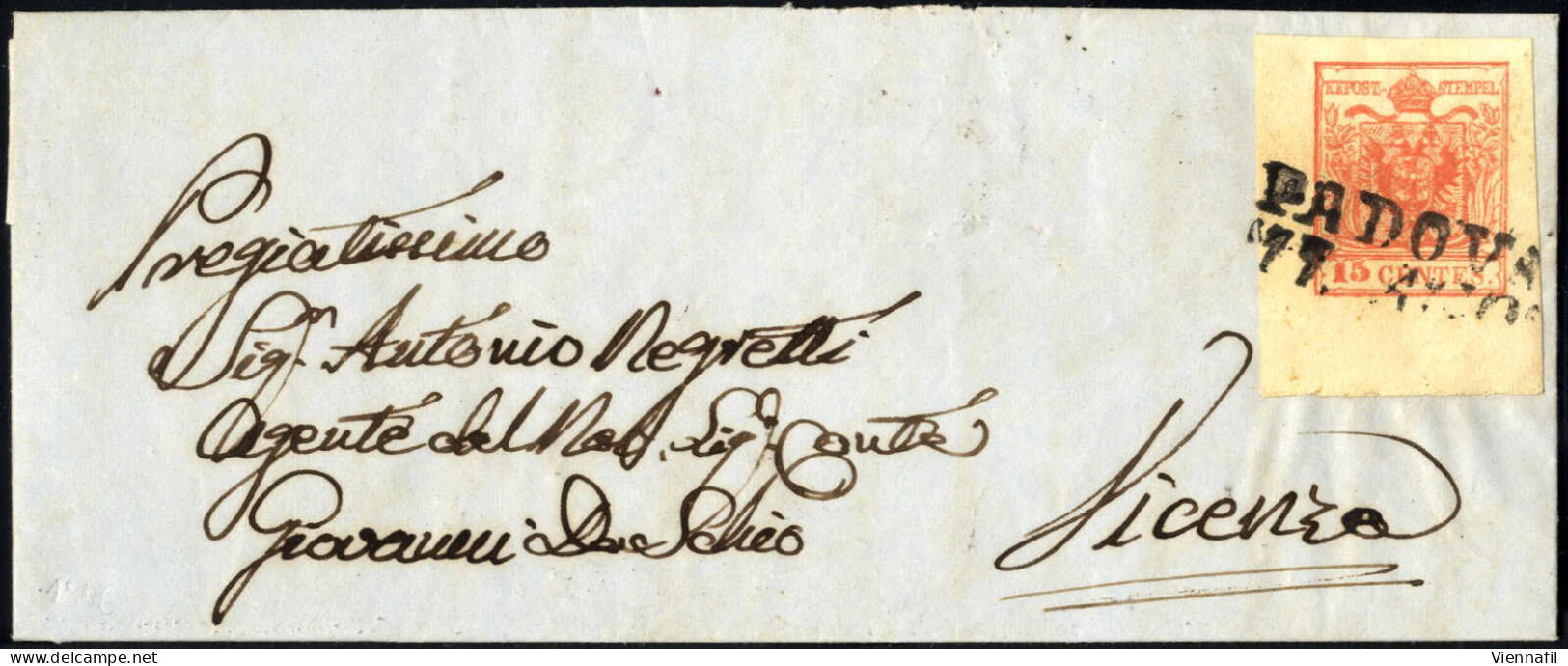 Cover 1856, Lettera Da Padova Del 17.8 Per Vicenza Affrancata Con 15 C. Rosso III Tipo Carta A Macchina, Angolo Di Fogli - Lombardo-Vénétie