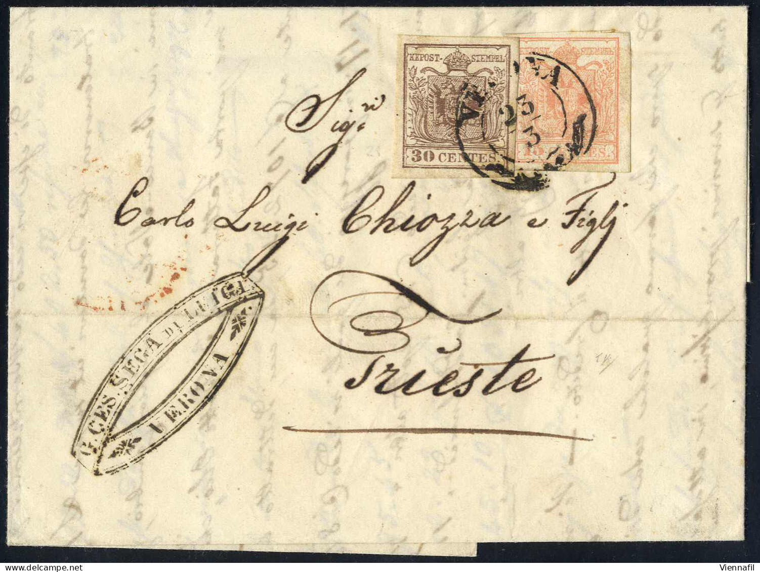 Cover 1856, Lettera Da Verona Del 23.3 Per Trieste Affrancata Con 15 C. Rosa E 30 C. Bruno Carta A Macchina, Sass. 20,21 - Lombardo-Vénétie