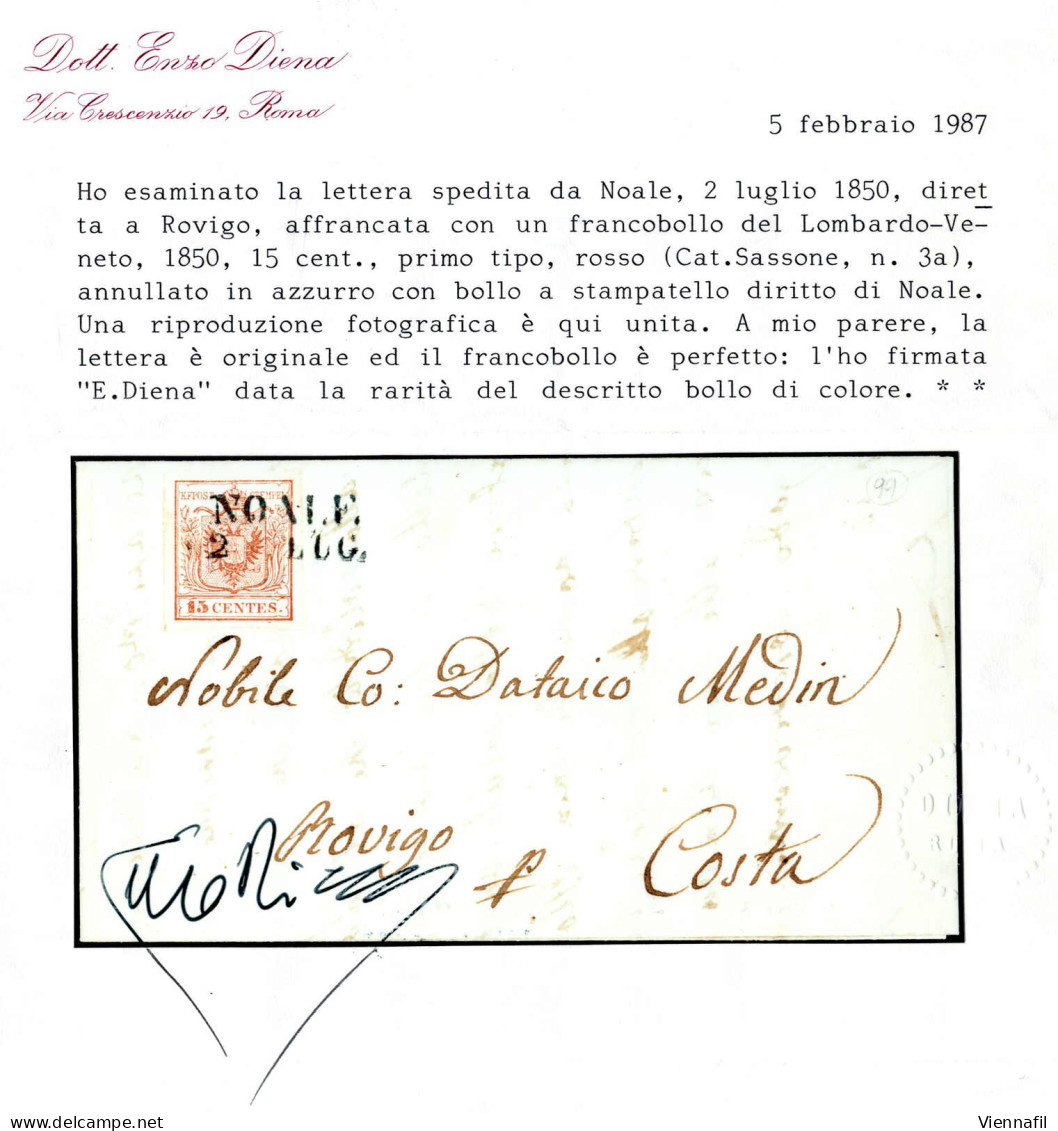 Cover Noale, (SD Azzurro Punti R3) Lettera Del 2.7.1850 Per Rovigo Affrancata Con 15 C. Rosso I Tipo Prima Tiratura Cart - Lombardo-Vénétie