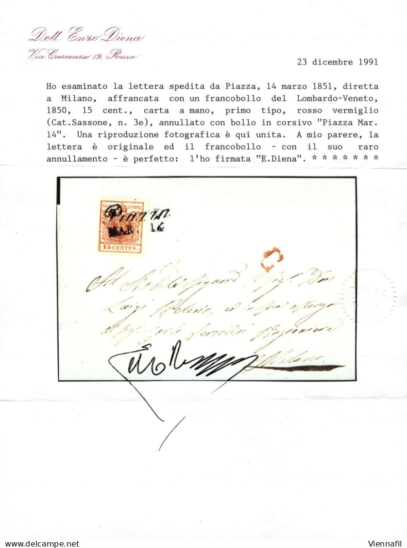 Cover Piazza, Cor. Punti 11, Lettera Del 14.3.1851 (datario Invertito) Per Milano Affrancata Con 15 C. Rosso Vermiglio I - Lombardo-Vénétie
