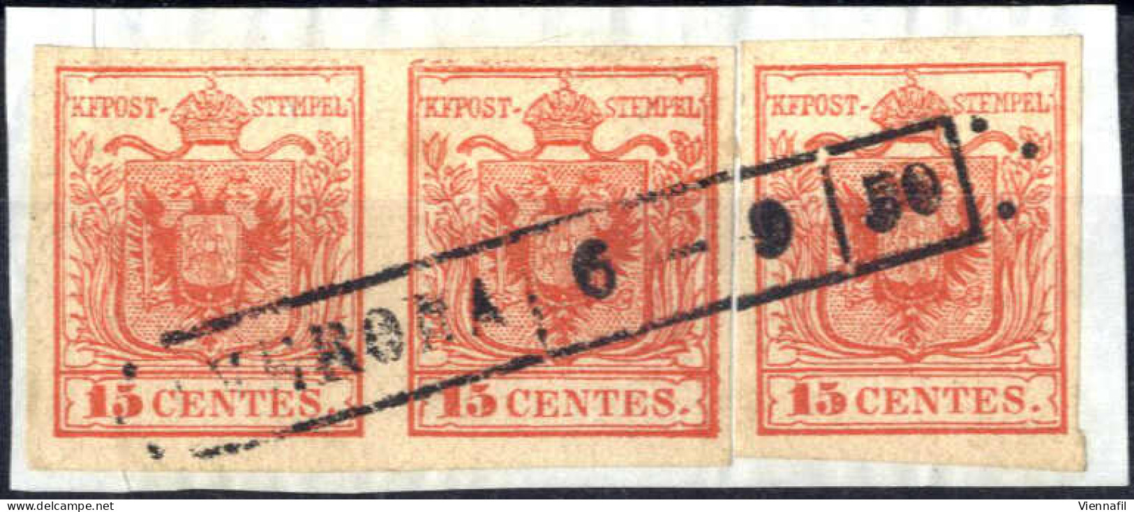 Piece 1850, Frammento 15 Cent. Rosso Vermiglio Intenso I° Tipo Su Carta A Mano, Singolo Più Coppia, La Coppia Con Stampa - Lombardo-Vénétie