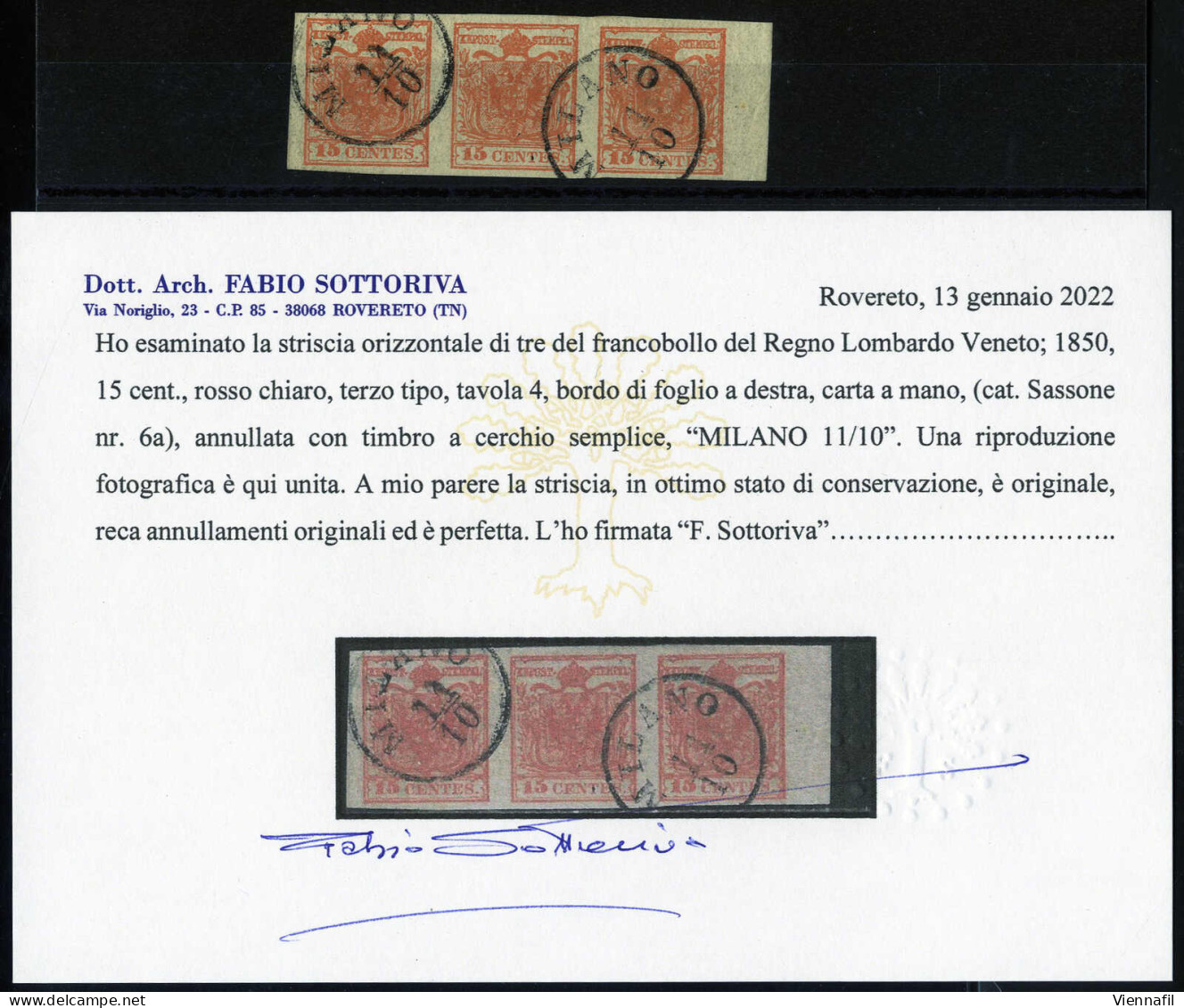 O 1850, 15 Cent. Rosso Chiaro III°tipo, Striscia Di Tre Con Bordo Di Foglio Annullato Milano 11.10., Cert. Sottoriva, Sa - Lombardo-Vénétie