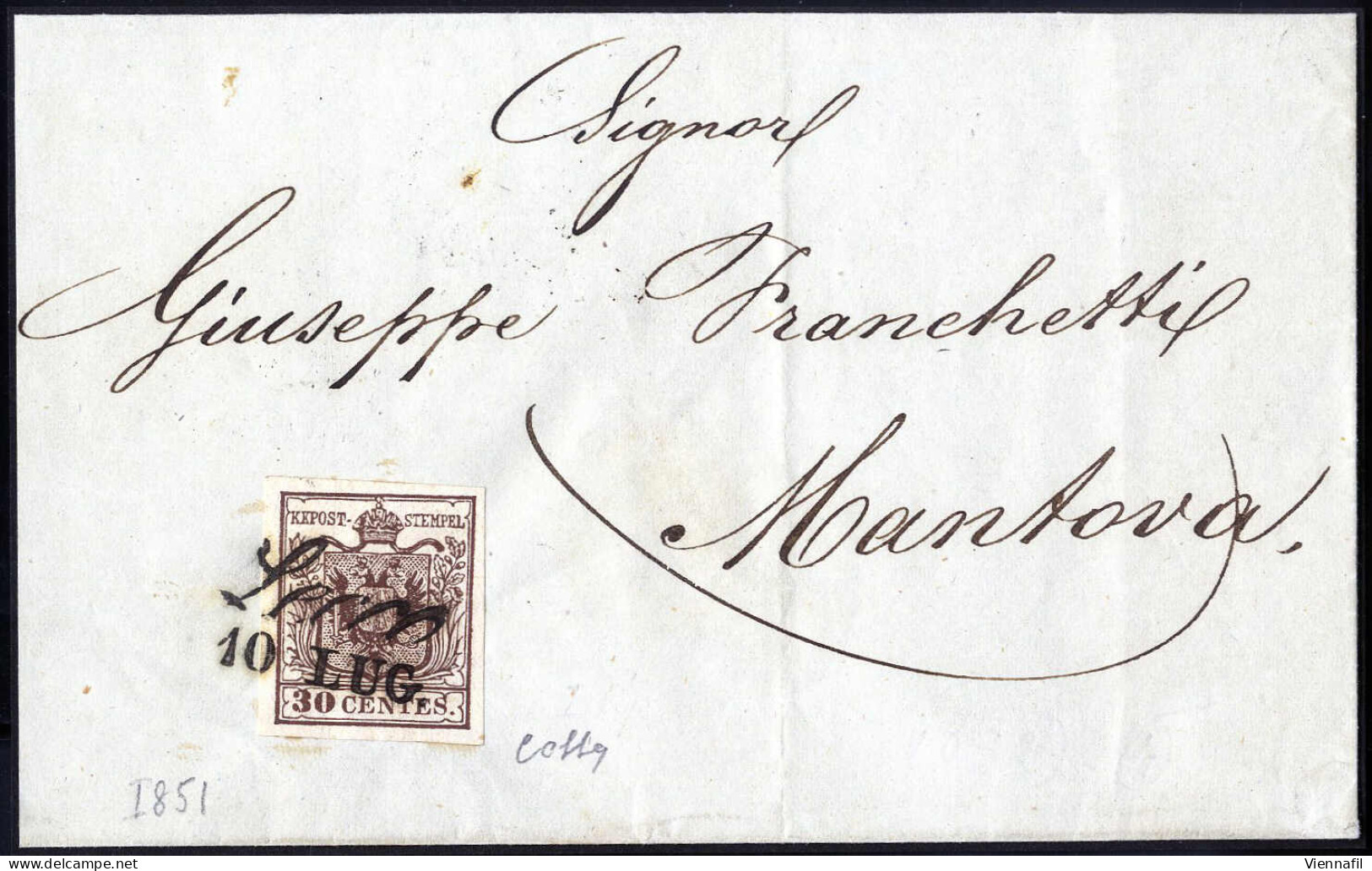 Cover 1850, 30 Cent. Bruno Scuro Prima Tiratura Su Lettera Da Lecco 10 LUG A Mantova, Splendido, Firmato Colla, Sass. 7c - Lombardo-Vénétie