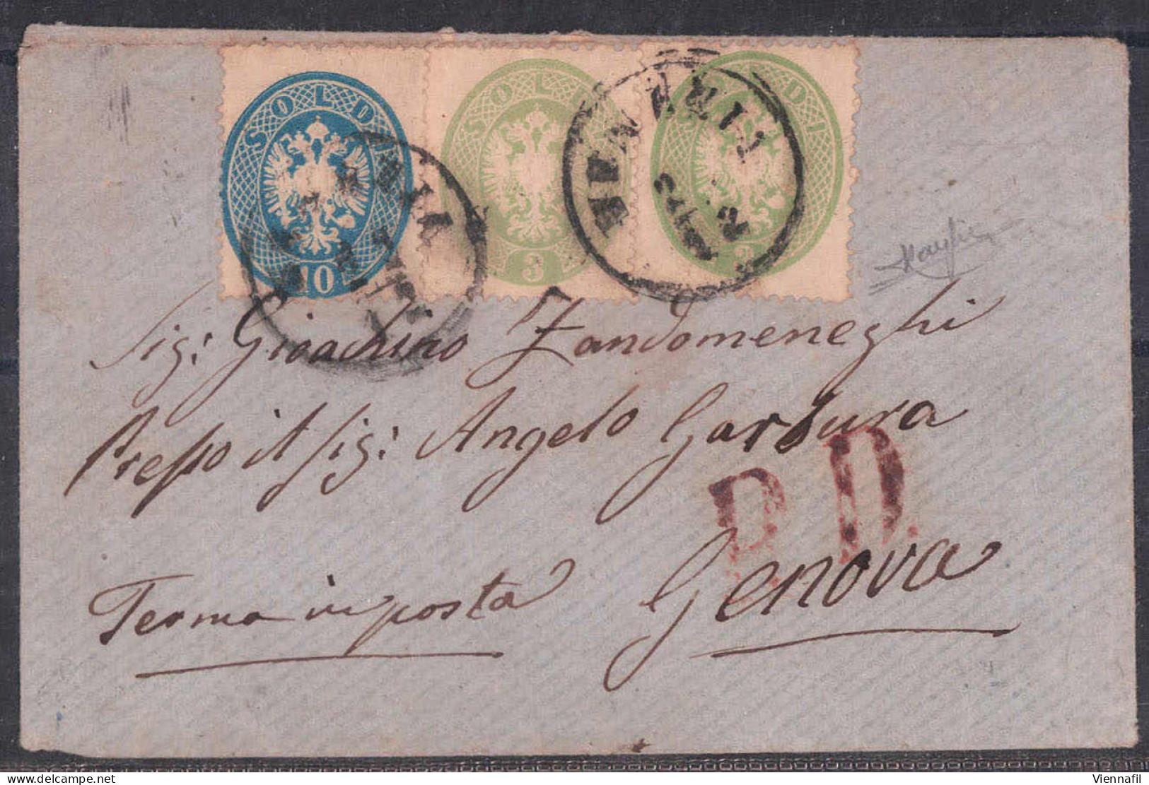 Cover 1863, Lettera Di Tre Sezioni Da Venezia Affrancata Con 3 + 3 + 10 Soldi, Annullo "P. D." In Rosso Sul Fronte, Cert - Lombardo-Vénétie