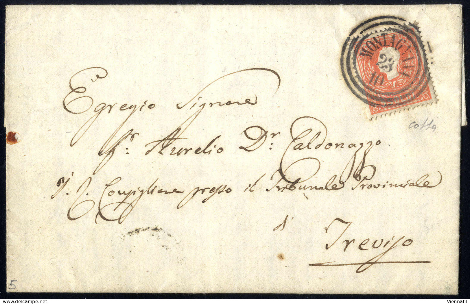 Cover "MONTAGNANA 23 / 10", Annullo C3 Su 5 Soldi, Seconda Emissione, Su Lettera Per Treviso (Sass. 5P.) - Lombardo-Vénétie