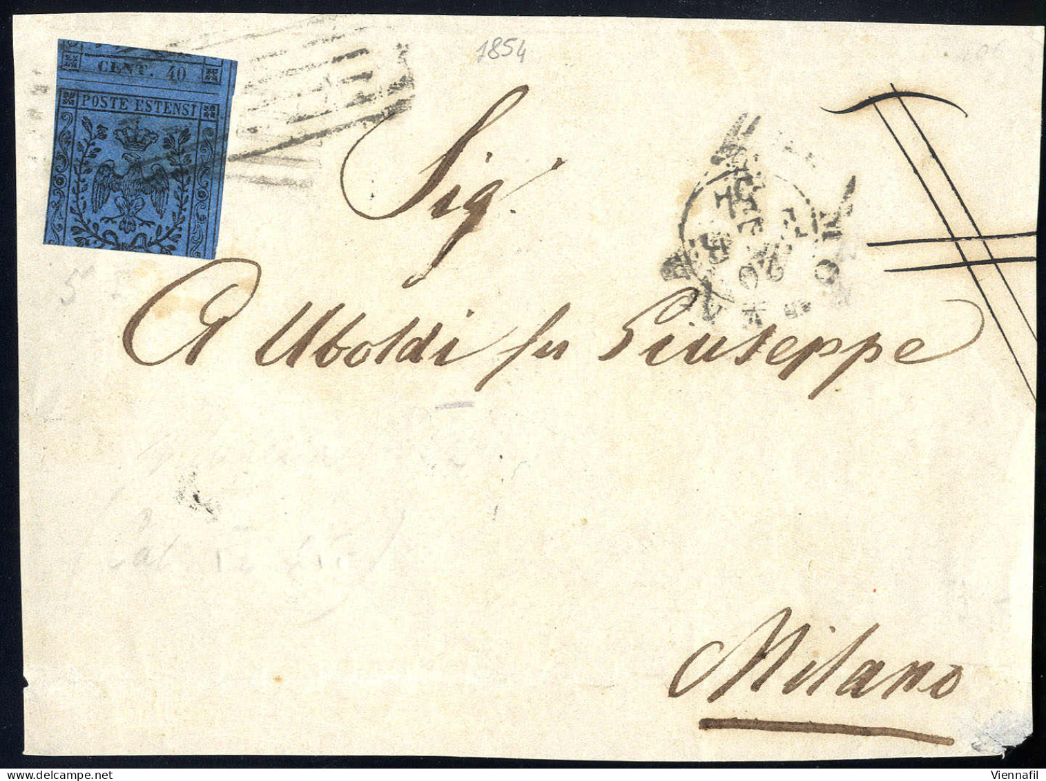 Cover 1852, 40 Cent. Azzurro Scuro, Tagliato In Modo Da Avere Il Tassello Del Valore In Alto Su "frontespizio" Di Letter - Modène