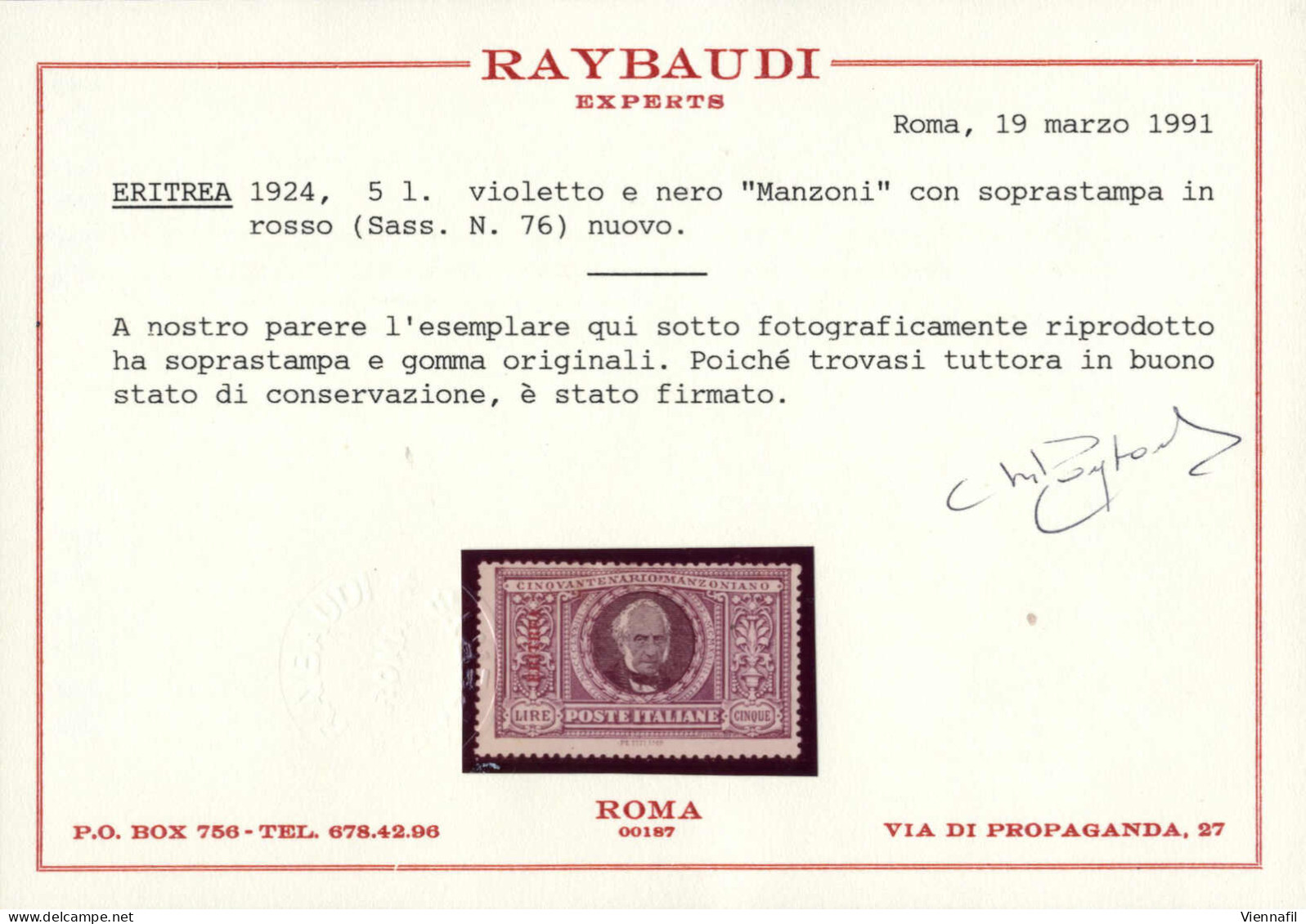 * 1924, Manzoni, Serie Completa Nuova Von Gomma Originale, Il 5 L. Con Traccia Di Linguella Abbastanza Forte, Cert. Rayb - Erythrée