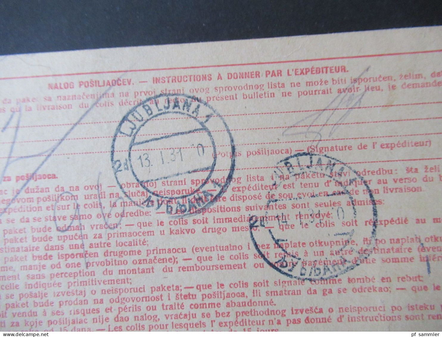 Jugoslawien 1931 Paketkarte Stempel Und Zettel Loski Potok Nach Ljubljana Mit 2 Stempeln Rückseitig - Brieven En Documenten