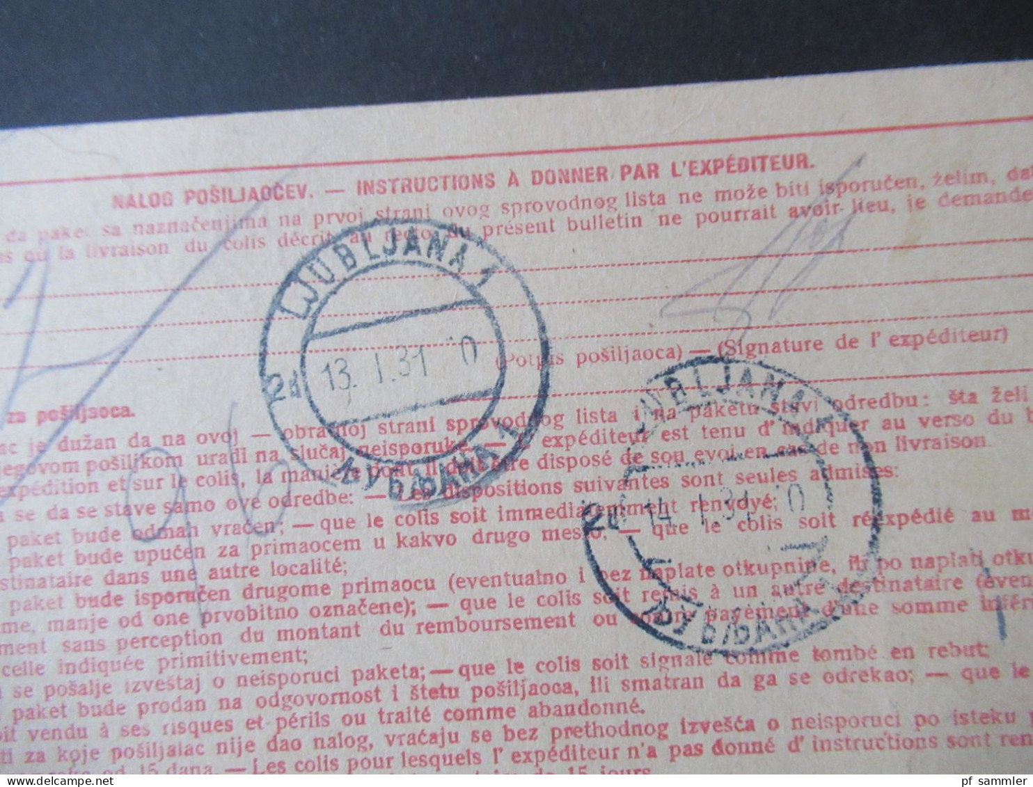 Jugoslawien 1931 Paketkarte Stempel Und Zettel Loski Potok Nach Ljubljana Mit 2 Stempeln Rückseitig - Covers & Documents