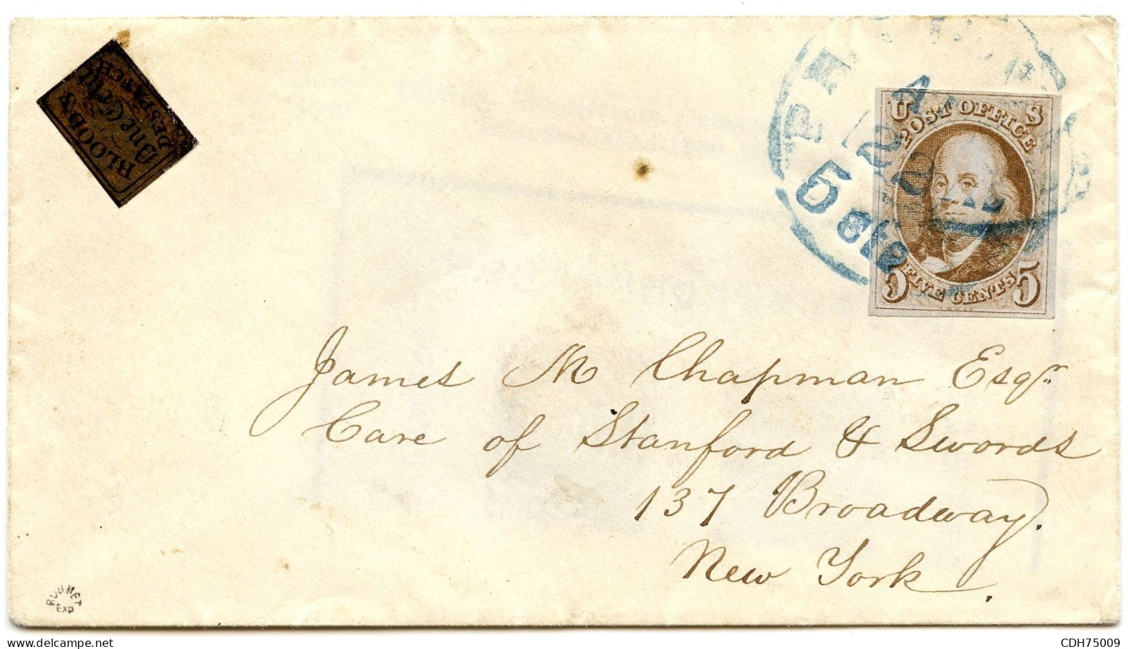 ETATS UNIS - BLOOD'S CITY DISPATCH + 5C FRANKLIN SUR LETTRE DE PHILADELPHIE POUR NEW YORK SIGNEE ROUMET - Covers & Documents