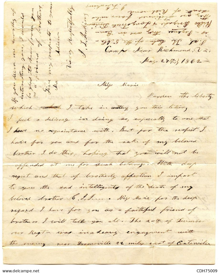 ETATS UNIS - CIVIL WAR 10 CENTS BLEU SUR LETTRE PATRIOTIQUE GENERAL BEAUREGARD C.S.A. CAMP NEAR RICHMOND, 1862 - Briefe U. Dokumente