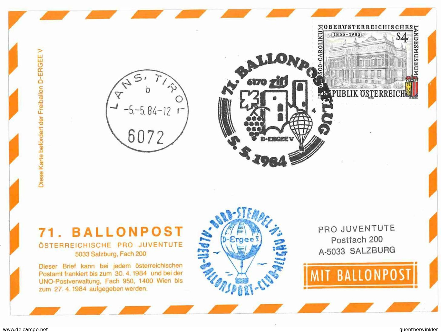 Regulärer Ballonpostflug Nr. 71c Der Pro Juventute [RBP71c] - Ballonpost