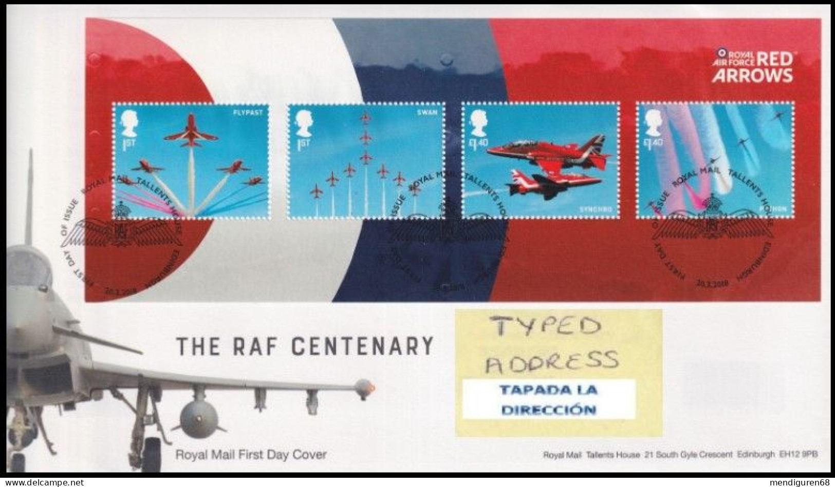 GROSSBRITANNIEN GRANDE BRETAGNE GB 2018 M/S THE RAF CENTENARY FDC SG MS4064 MI B113-4185-88 YT F4590-93 SC 3713SH - 2011-2020 Decimal Issues