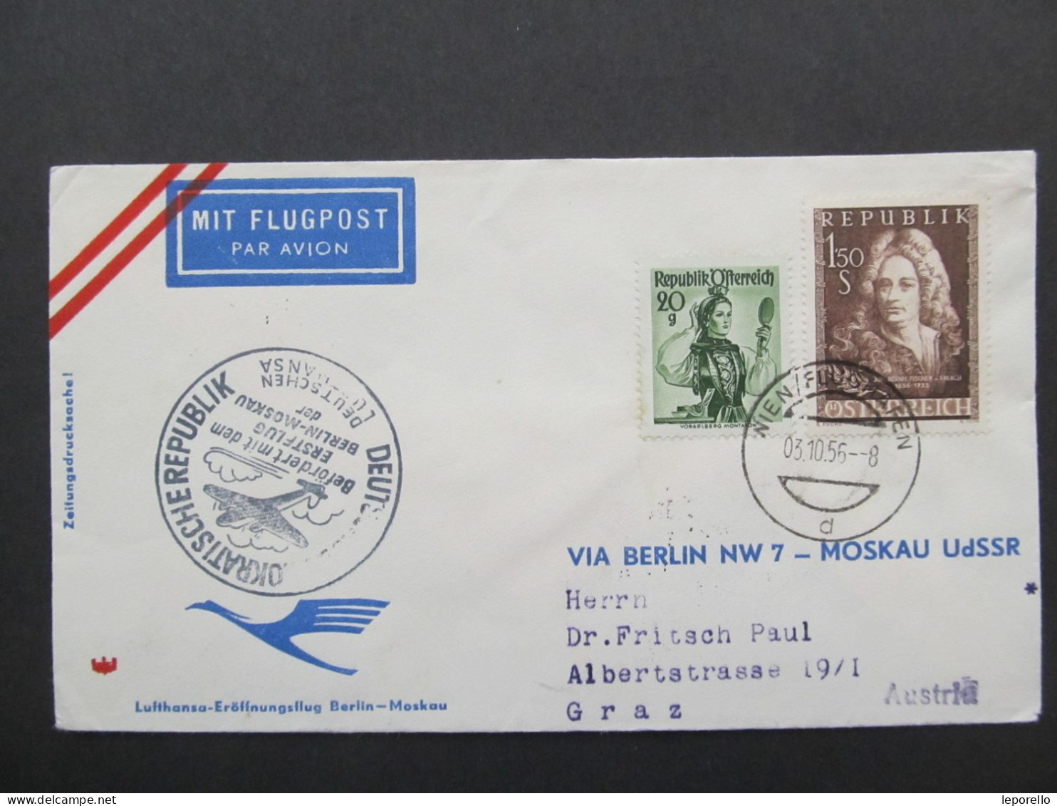 BRIEF Flugpost Ballonpost Wien Berlin Moskau 1956 /// P1598 - Premiers Vols