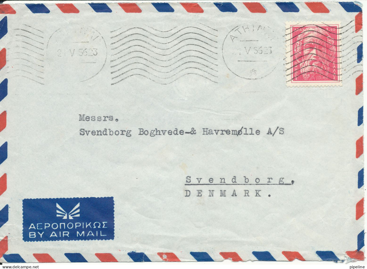 Greece Air Mail Cover Sent To Denmark 21-5-1956 Single Franked - Storia Postale