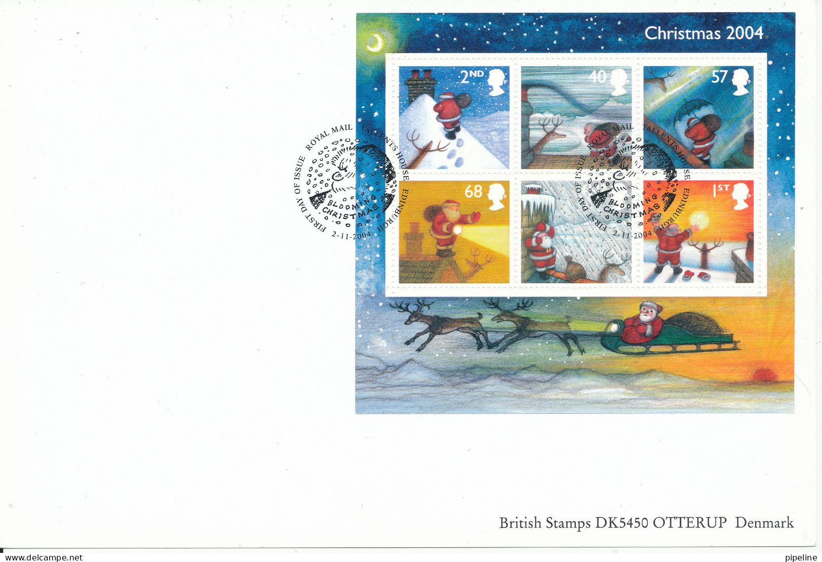 Great Britain FDC (card) 2-11-2004 Minisheet Christmas Sent To Denmark - 2001-2010 Decimal Issues