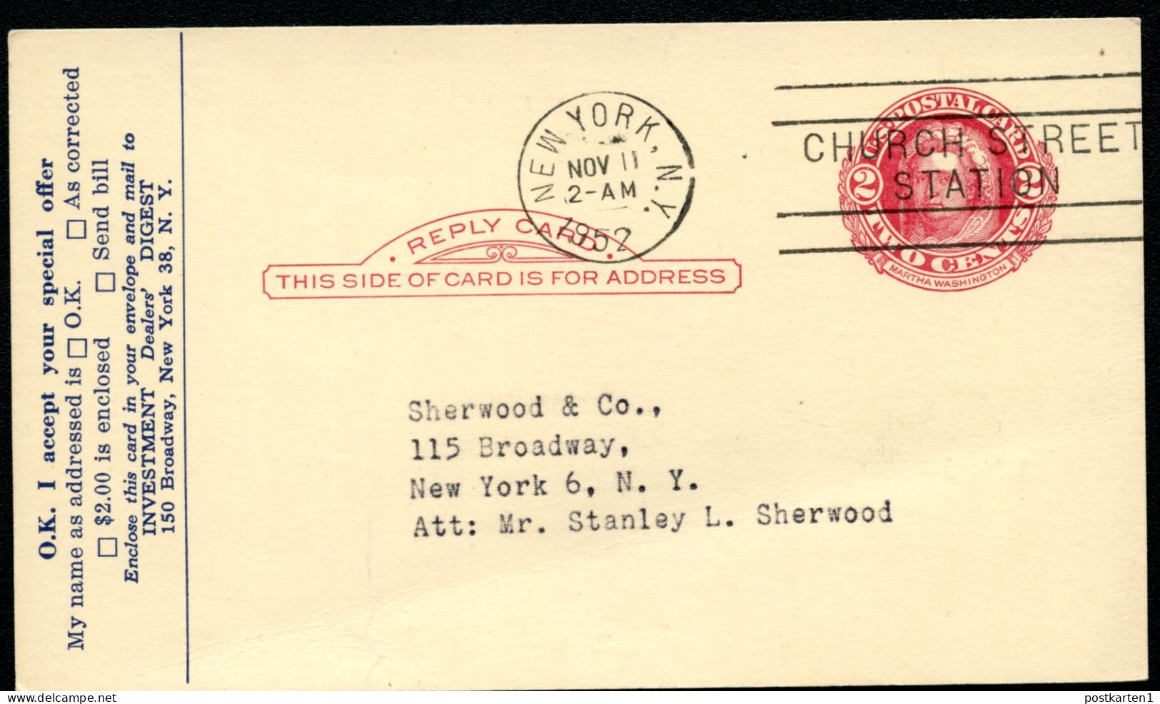 UY13r Type 1 Electrotype Postal Card New York NY 1952 - 1941-60