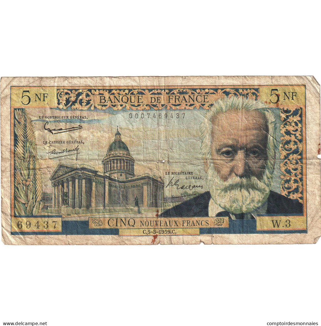 France, 5 Nouveaux Francs, Victor Hugo, 1959, W.3, B+, KM:141a - 5 NF 1959-1965 ''Victor Hugo''