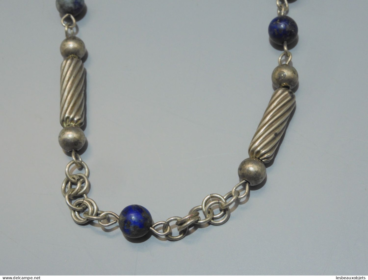 -COLLIER ANCIEN PERLES en ARGENT (testé) & Pierres LAPIS LAZULI? BIJOU ANCIEN    E