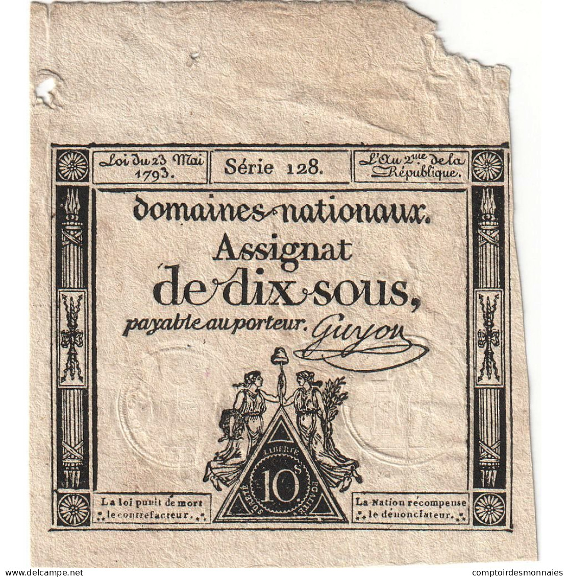 France, 10 Sous, 1793, Série 128, TTB, KM:A68b, Lafaurie:165 - Assignate