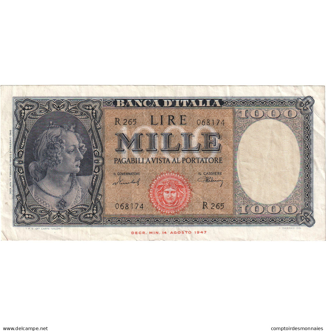 Billet, Italie, 1000 Lire, 1947, 1947-08-14, KM:72c, TTB+ - 1000 Lire