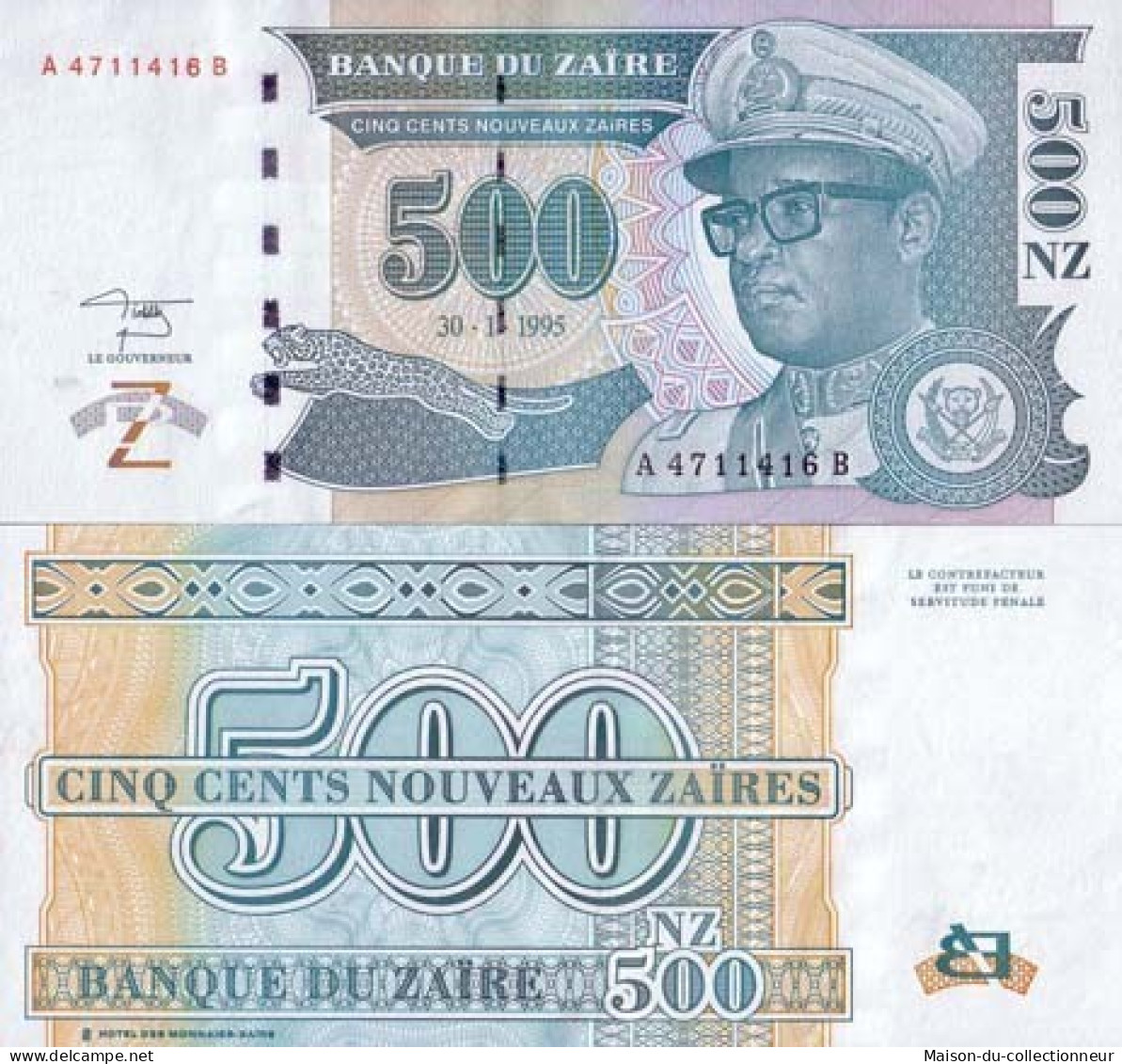 Billet De Collection Zaire Pk N° 65 - 500 Nouveaux Zaires - Zaire