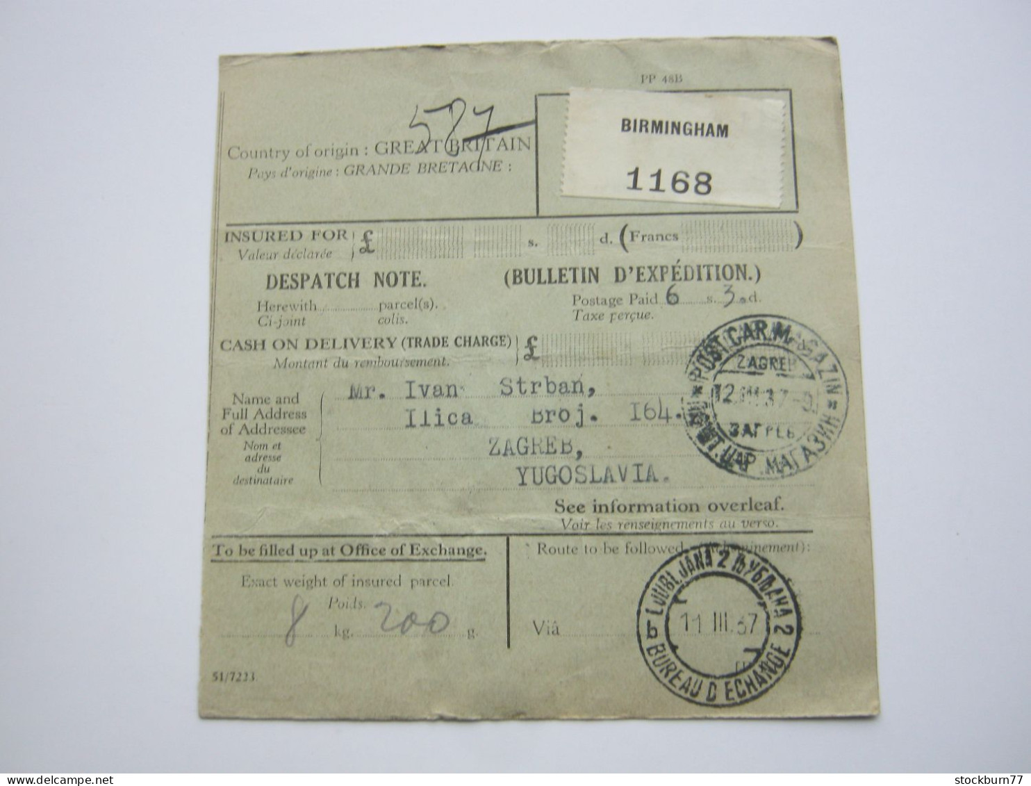 1937, Paketkarte Aus Birmingham Nach Jugoslawien Nachporto , Taxe - Covers & Documents