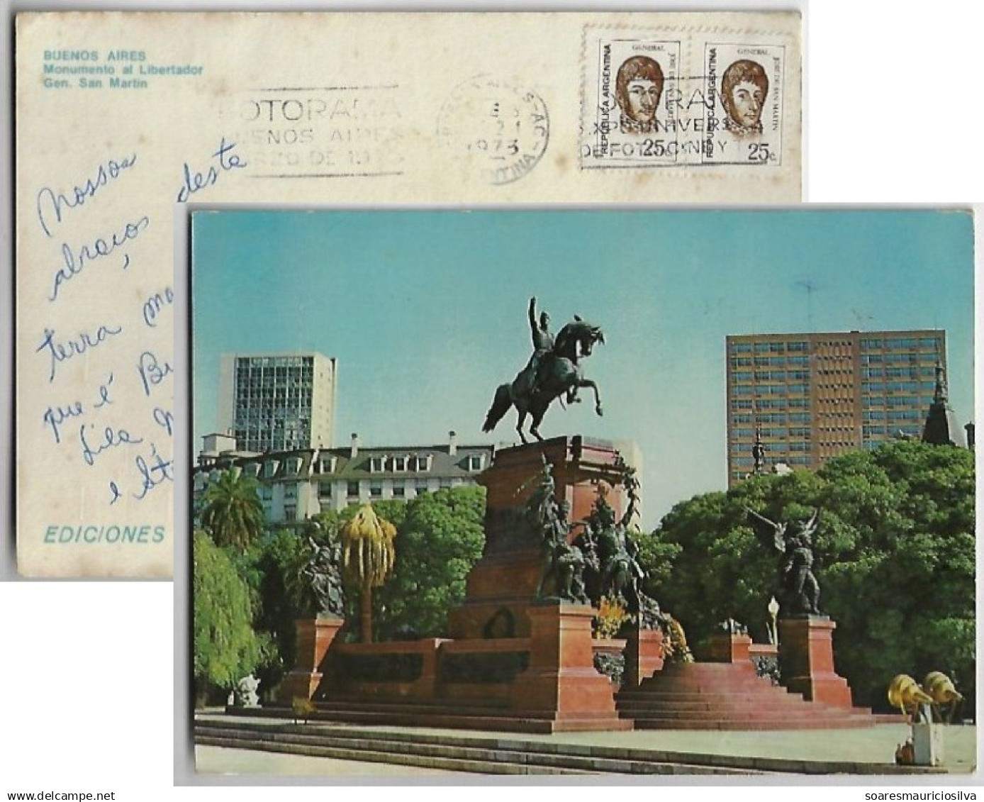 Argentina 1973 Postcard Photo Buenos Aires Sent To Curitiba Brazil Stamp General San Martin Telefunken Sorting Mark - Covers & Documents