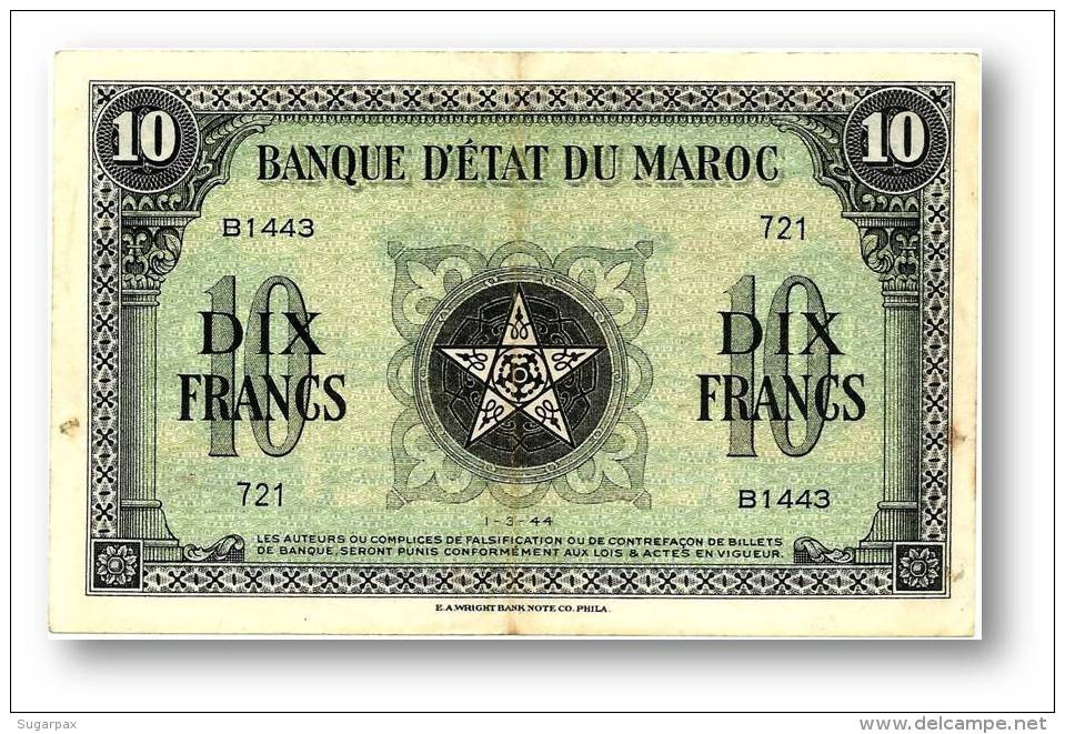 MOROCCO - 10 Francs - 1.3.1944 - P 25 - WWII First Issue - Kingdom - Maroc - 2 Scans - Marokko