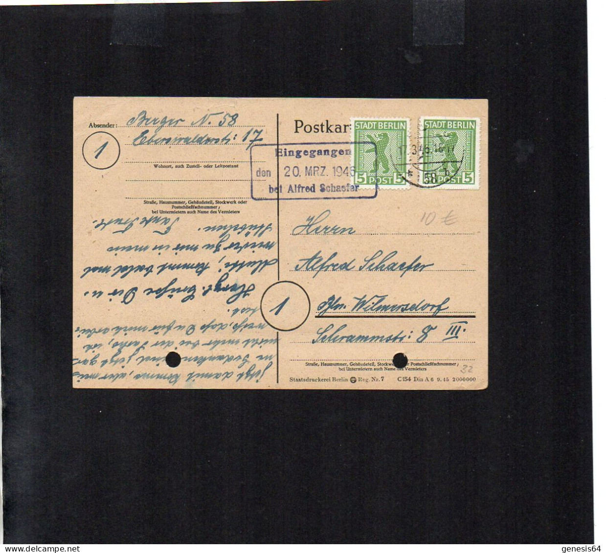 Berlin Brandenburg - 2 X 5 Pfg Auf Postkarte Mit Eingegangen Stempel - 17.3.46 - P2 (1ZKSBZ021) - Berlin & Brandenburg