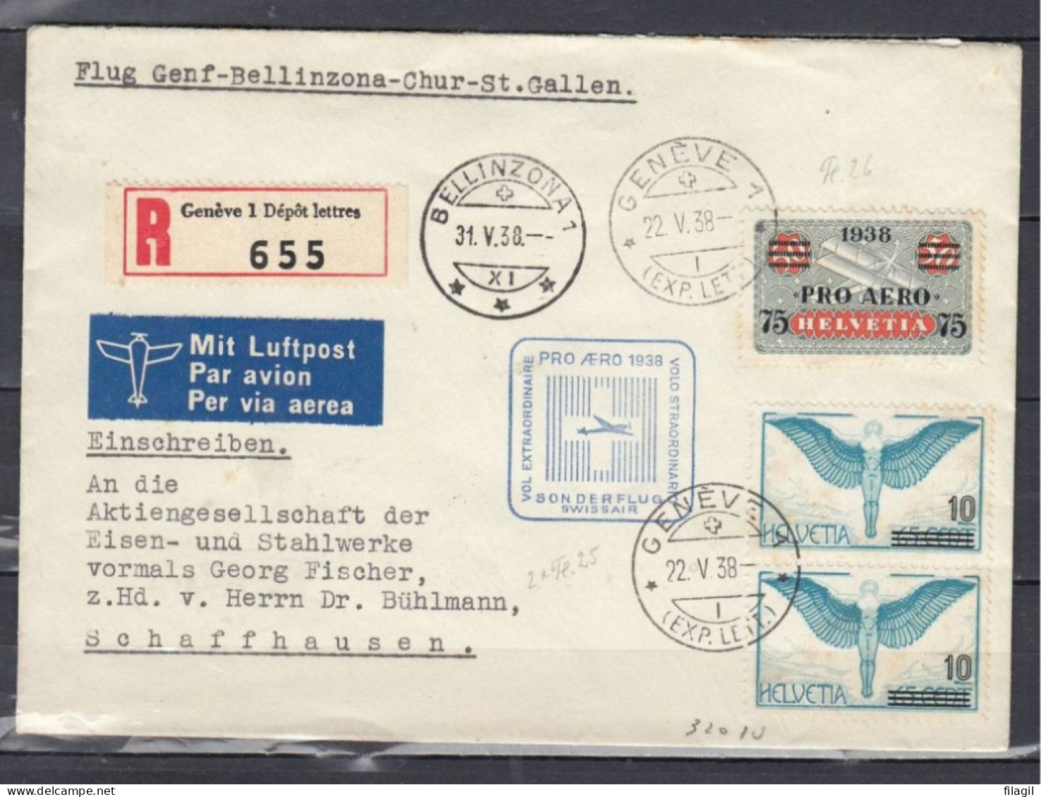 Aangetekende Luchtpostbrief Van Geneve Via Bellinzona Naar Schaffhausen Pro Aero (1216) - Gebraucht