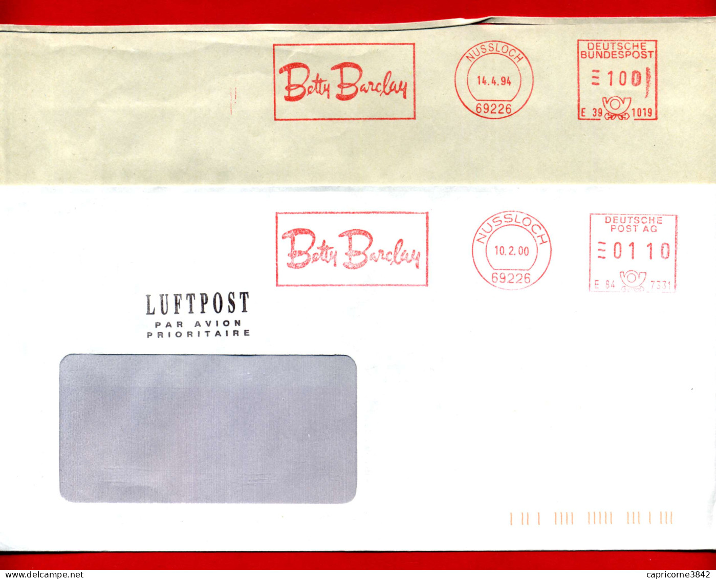 1994/2000 - Allemagne - 2 Enveloppes - Publicité De Nussloch Pour BETTY BARCLAY - Maschinenstempel (EMA)