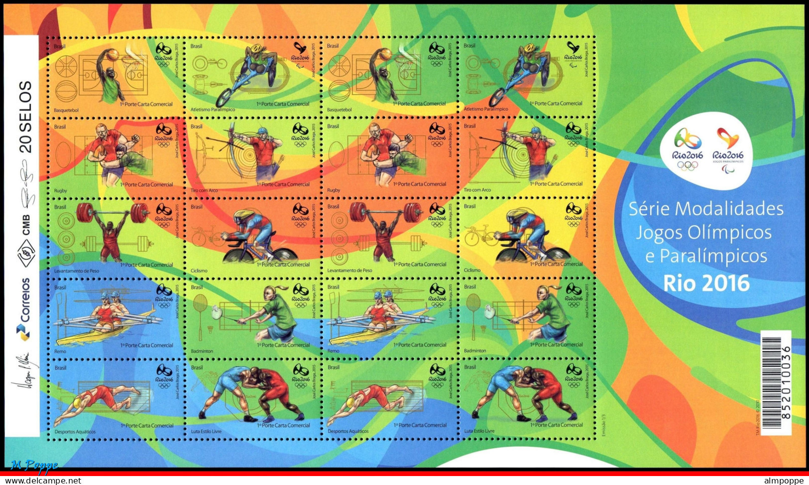 Ref. BR-3298 BRAZIL 2015 - OLYMPIC AND PARALYMPICGAMES, RIO 2016, 1ST SERIES SHEET MNH, SPORTS 20V Sc# 3298 - Sommer 2016: Rio De Janeiro