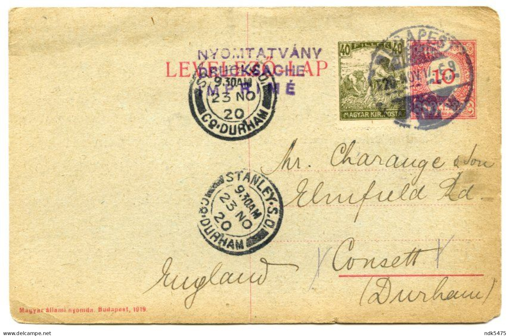 HUNGARY : AIGNER - STAMPS, TIMBRES - BUDAPEST, CSAKY-U. / AIR POST, 1920 / CONSETT, STANLEY, ELMFIELD RD. (CHARANCE) - Entiers Postaux