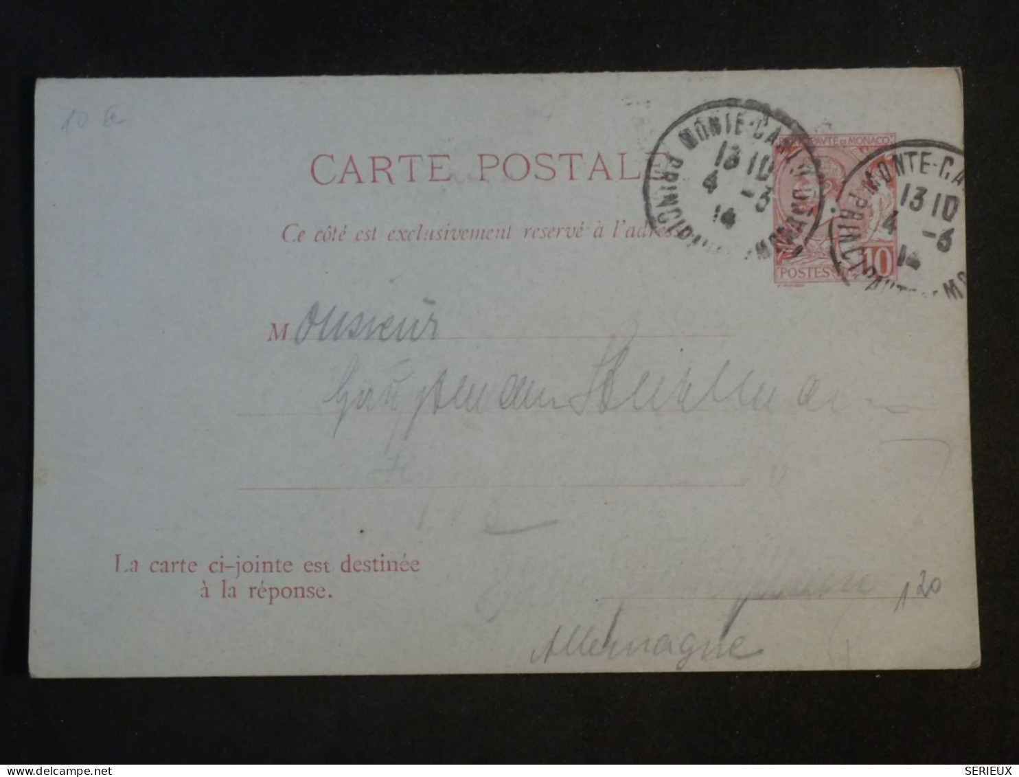 DH4 MONACO   BELLE  CARTE ENTIER  DOUBLE 1914   MONTE CARLO  A    GERMANY     ++AFF.   INTERESSANT+++ - Entiers Postaux