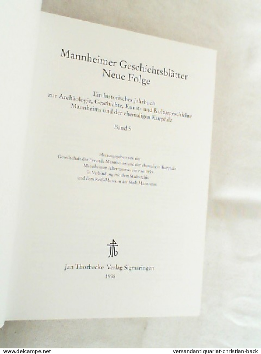 Mannheimer Geschichtsblätter Neue Folge 5/1998. - Andere & Zonder Classificatie