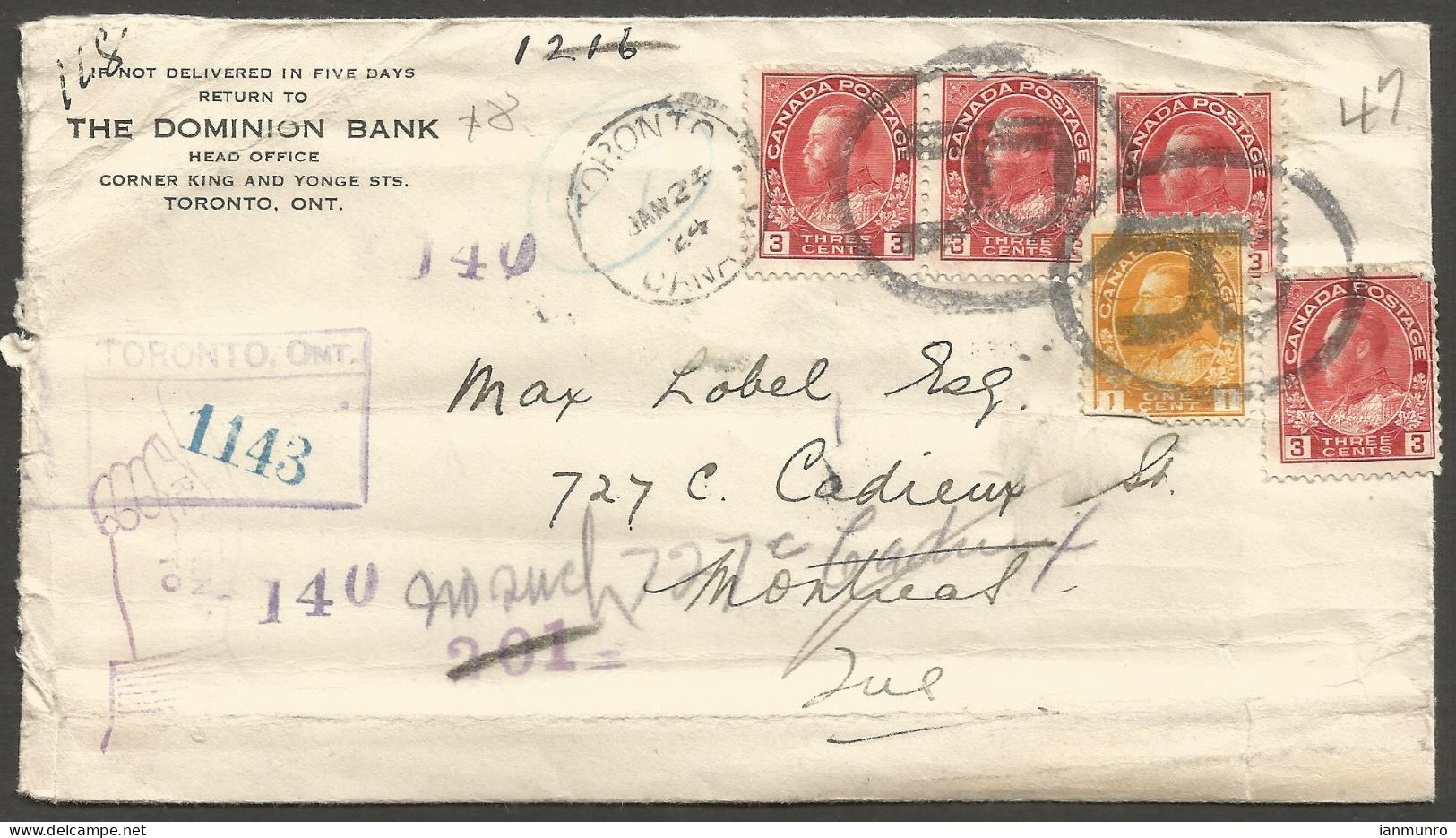 1924 Bank Registered Cover 13c Admirals CDS Toronto Ontario To Montreal PQ Quebec Returned - Postgeschichte