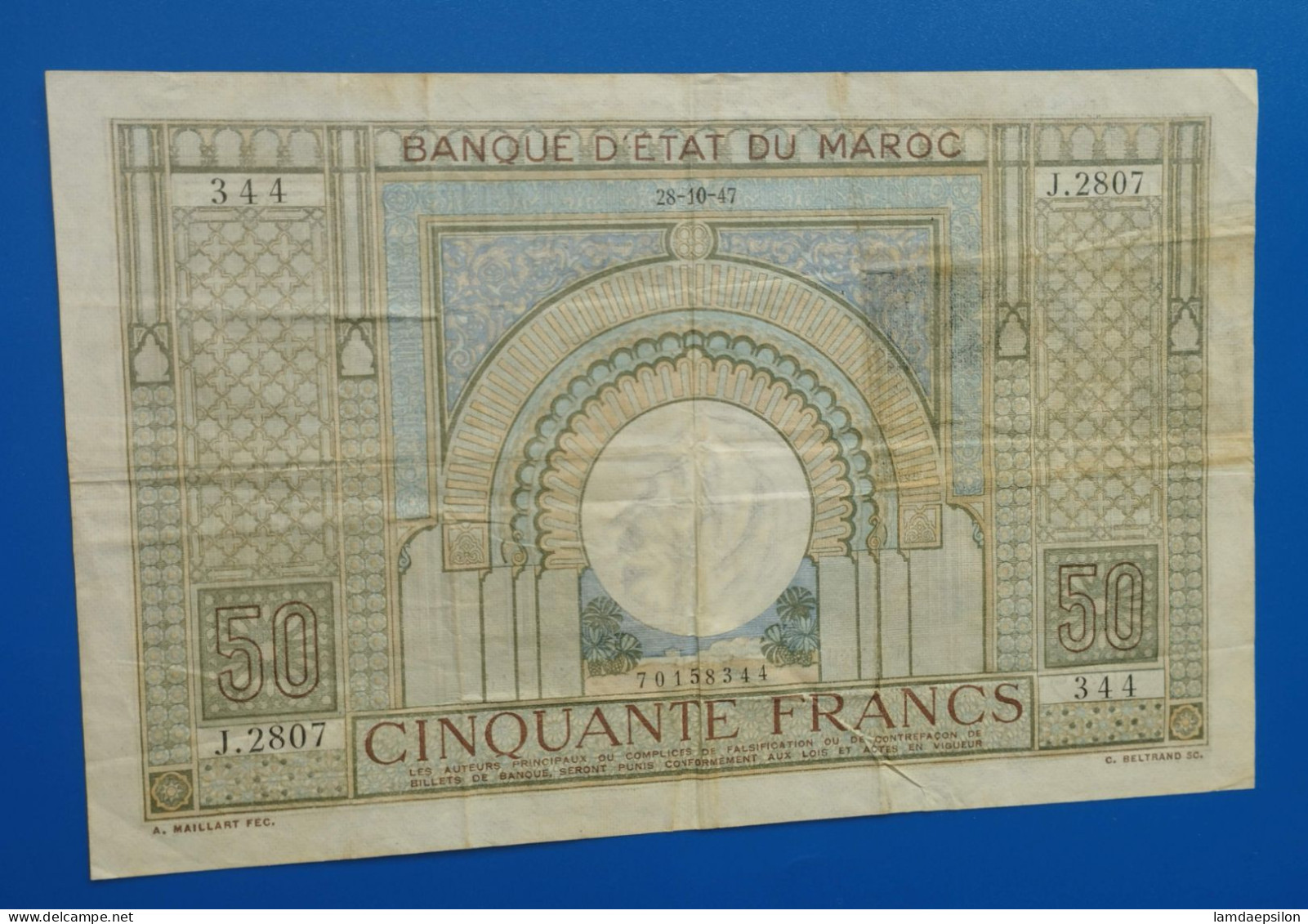 MAROC MOROCCO MARRUECOS MAROKKO BANQUE D'ETAT 50 FRANC 1947 - Marokko