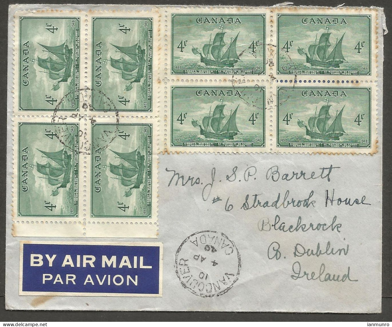 1949 Airmail Cover 32c Cabot Newfoundland 2x Blocks Of 4 CDS Vancouver BC To Ireland - Histoire Postale