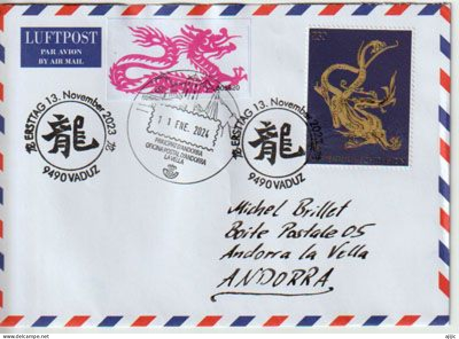 2024.Année Du Dragon (Nouvel An Chinois)letter From Principality Liechtenstein To Principality Of Andorra,with Postmarks - Covers & Documents