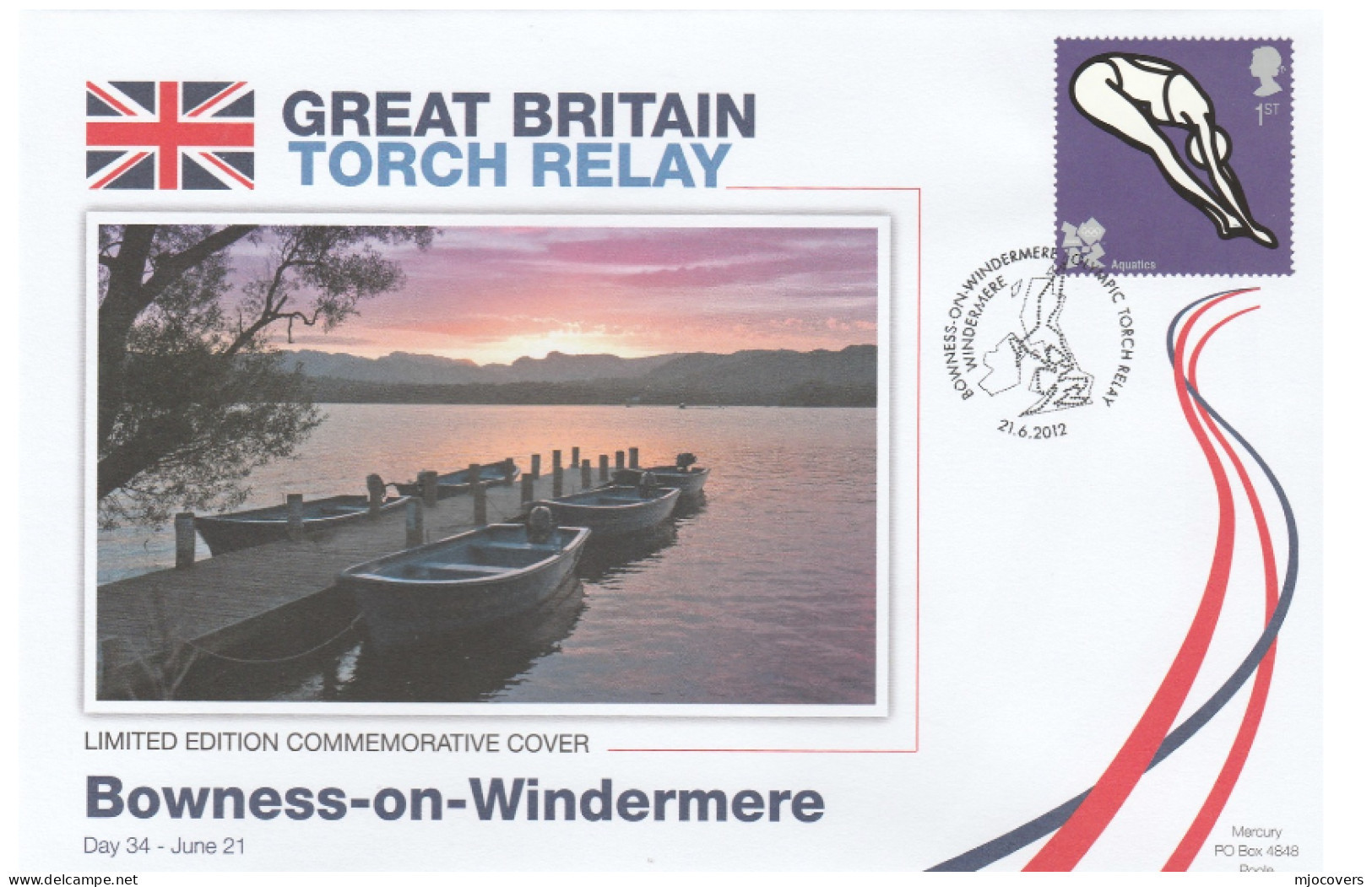 2012 Ltd Edn BOWNESS ON WINDERMERE OLYMPICS TORCH Relay COVER London OLYMPIC GAMES Sport Stamps GB - Sommer 2012: London