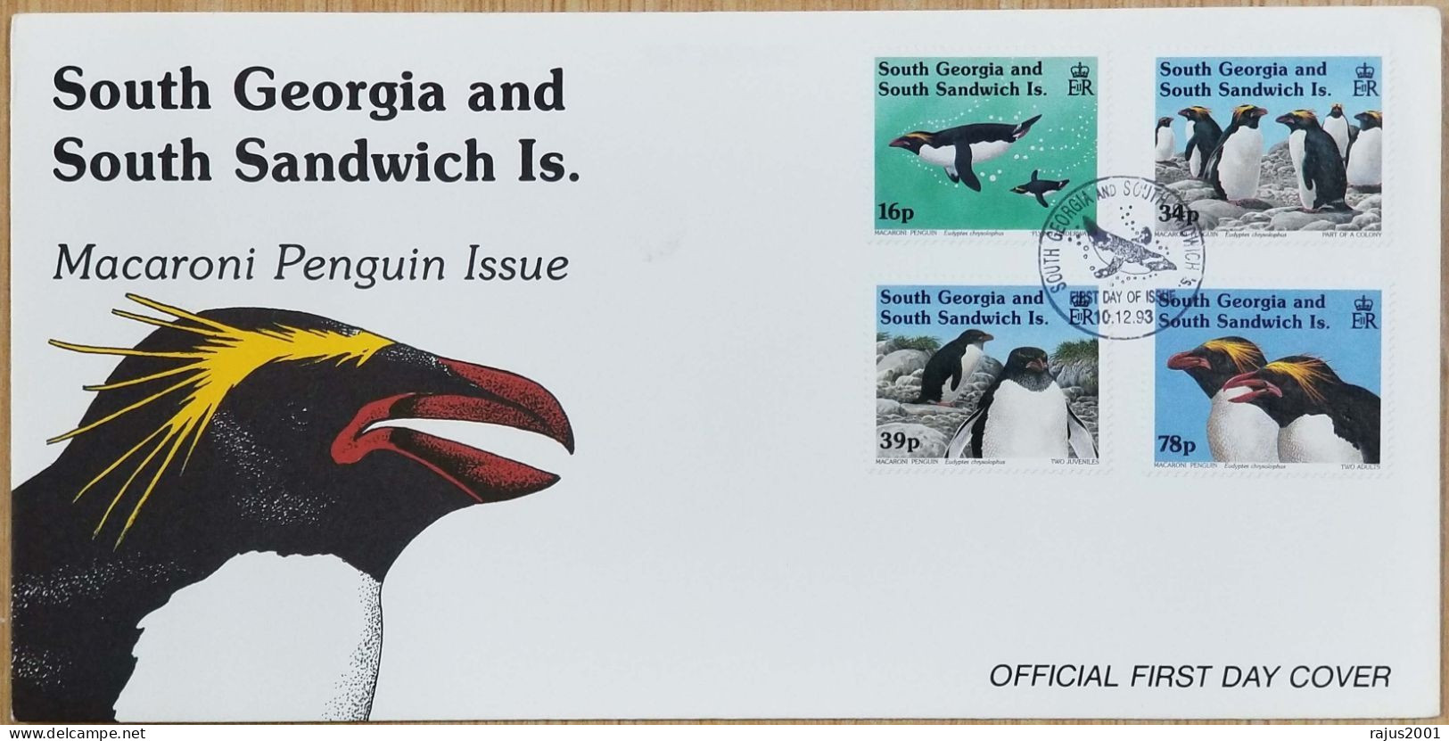 Macaroni Penguin, Bird, Birds, Antarctic Peninsula, Royal Penguins, Yellow Crest Head, Animal, South Georgia FDC 1993 - Pinguïns & Vetganzen