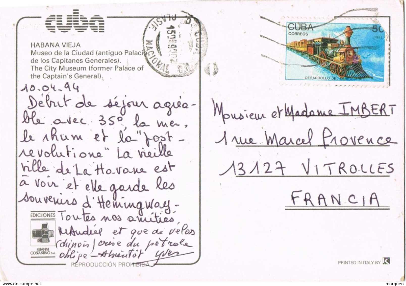 53681. Postal Aerea HABANA (Cuba) 1994. Ferrocarril Stamp. Vista Habana Vieja, Museo Ciudad - Covers & Documents