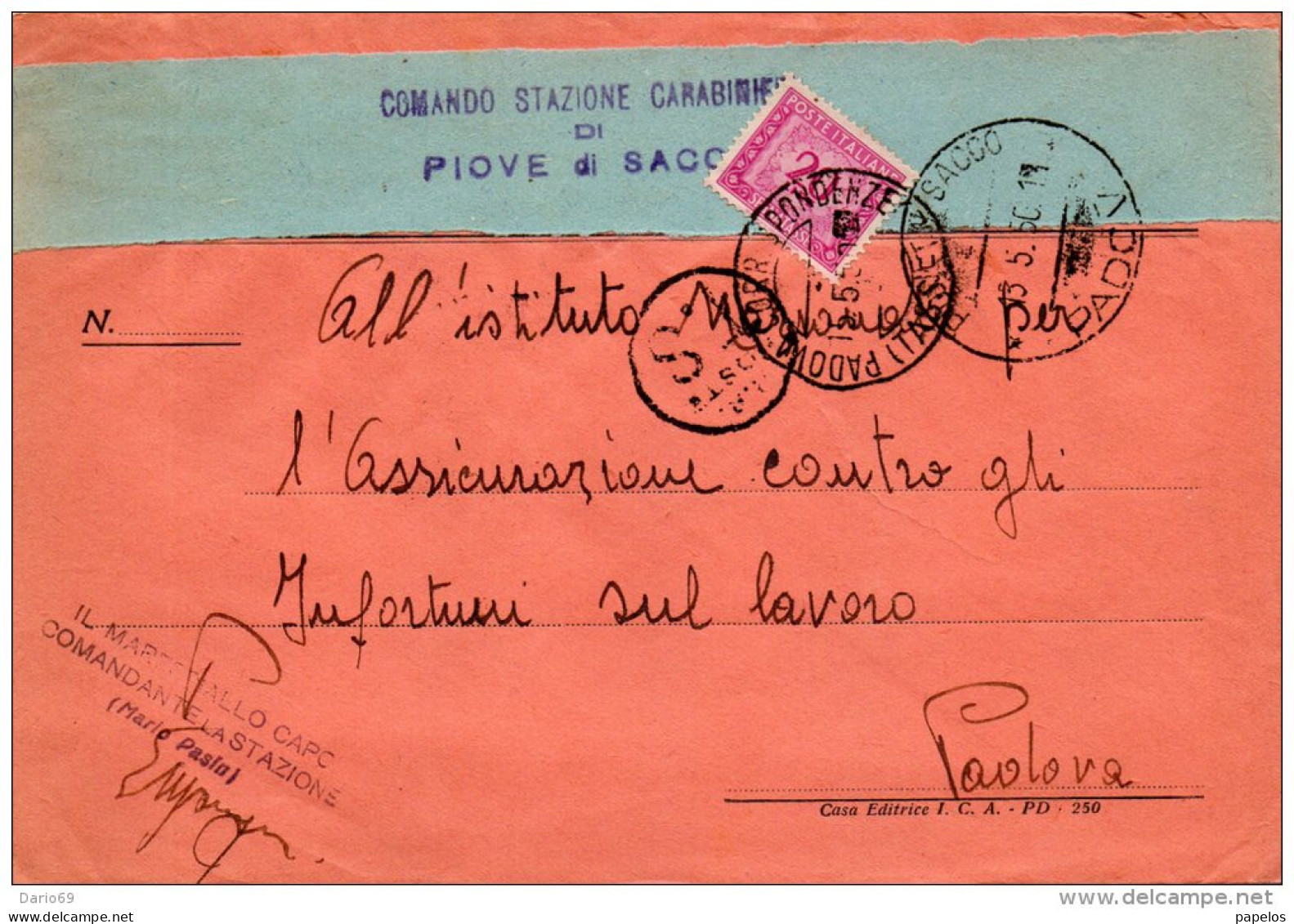 1950  LETTERA CON ANNULLO  PIOVE DII SACCO   PADOVA - Portomarken