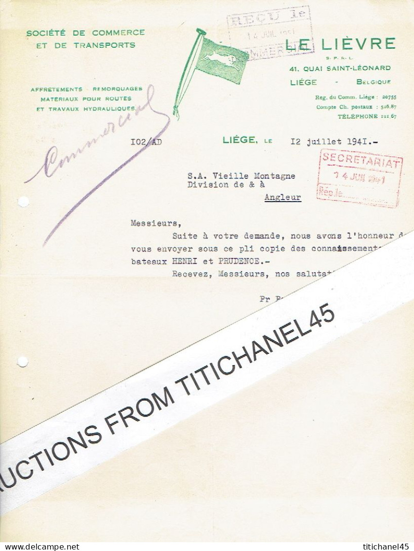 1941 LIEGE - LE LIEVRE - Société De Commerce & De Transport, Affrêtements, Remorquages, Travaux Hydrauliques - Autres & Non Classés