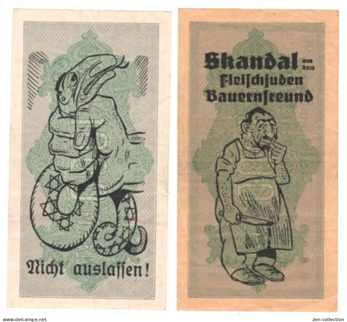 SALE Set X2 WW2 Germany Nazi Propaganda FORGERY Overprint On Genuine 1000 Mark 1923 Banknote VF++ - Colecciones