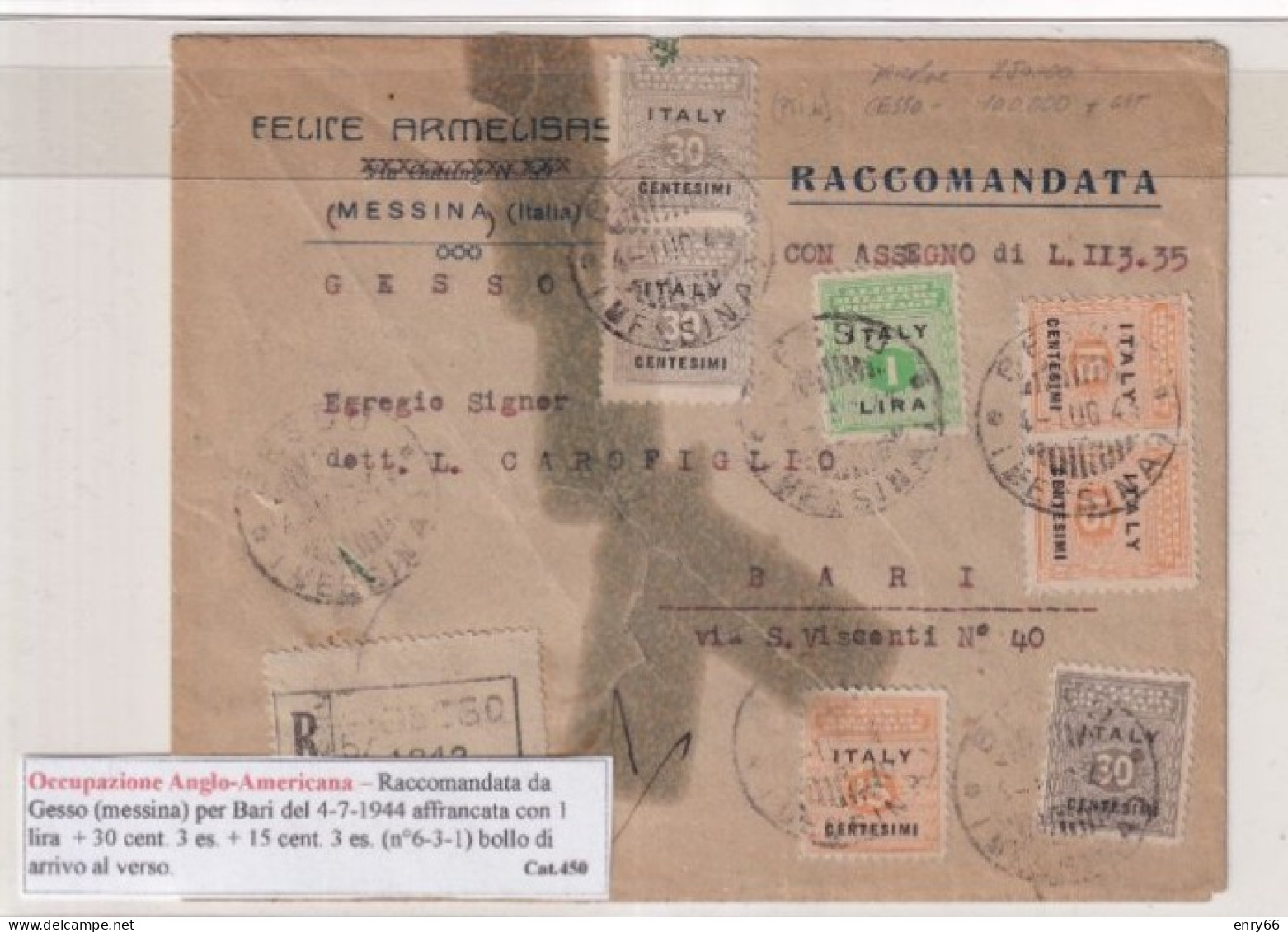 OCC. ANGLO-AMERICANA LETTERA RACCOMANDATA DA GESSO PER BARI 4-7-1944 - Anglo-Amerik. Bez.: Sicilë