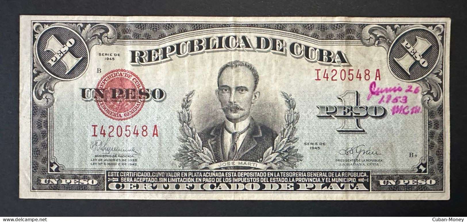 CUBA 1 PESO 1945 MBC+ Certificado De Plata - Cuba